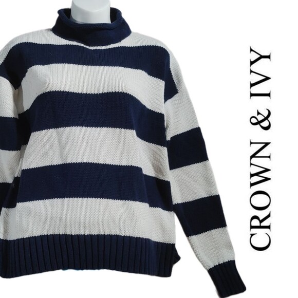 Crown & Ivy Blue and White Nautical Stripe Knit Sweater - Large - Picture 1 of 5